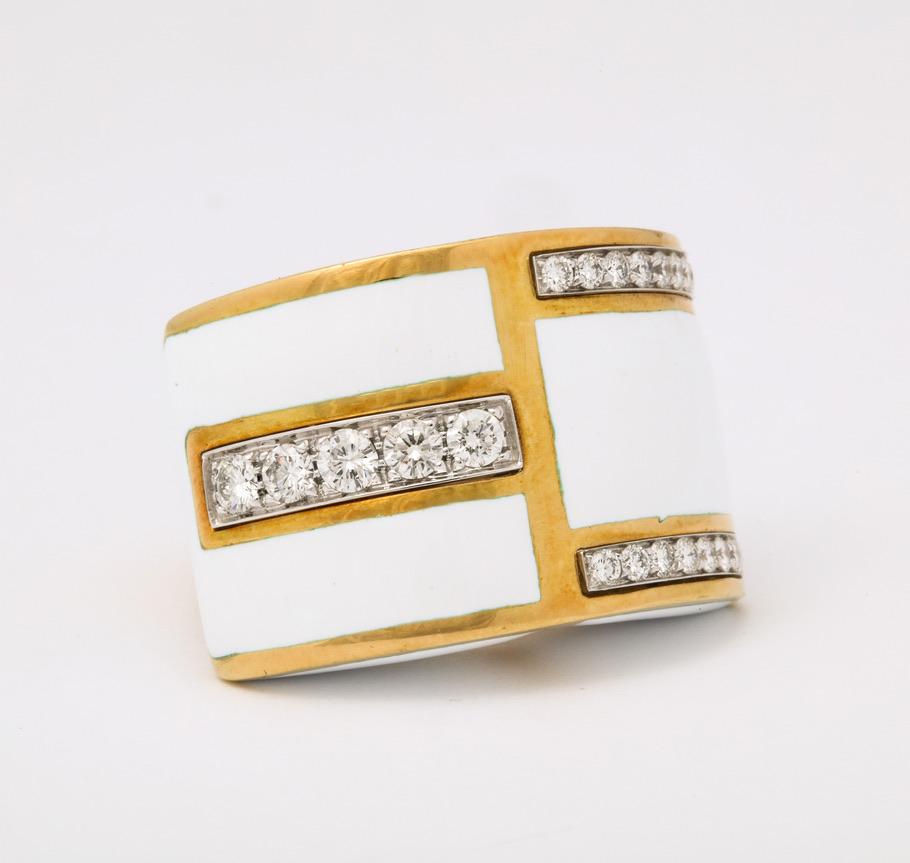 David Webb White Enamel Diamond Geometric Ring For Sale 3