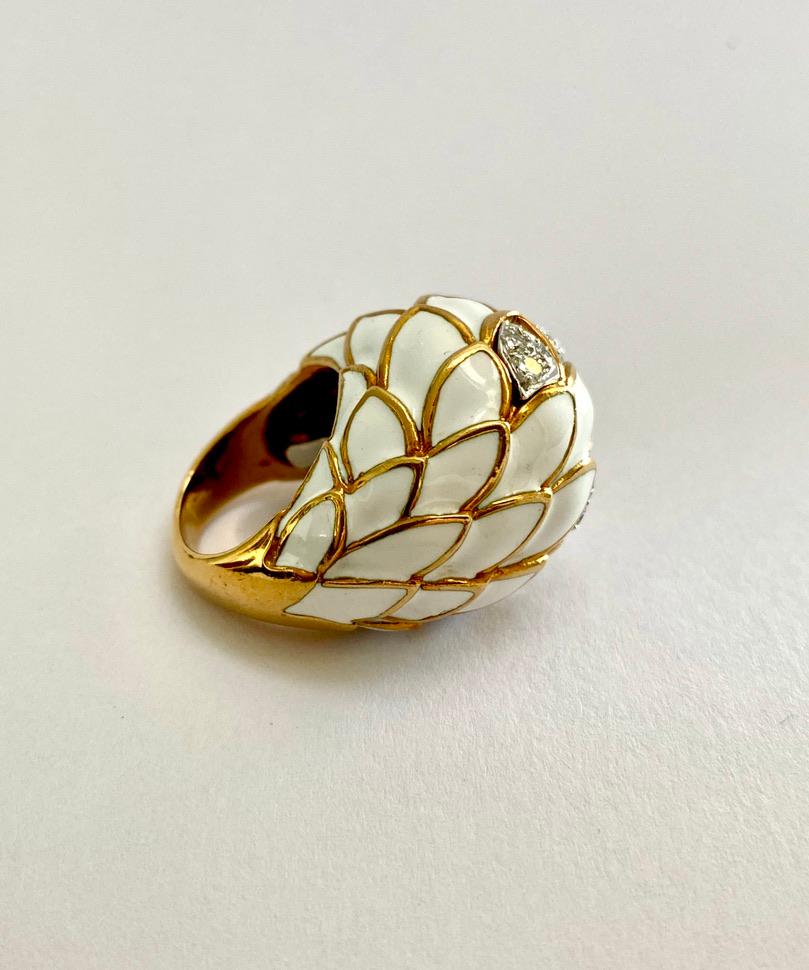 David Webb White Enamel Diamond Ring In Excellent Condition In Bal Harbour, FL