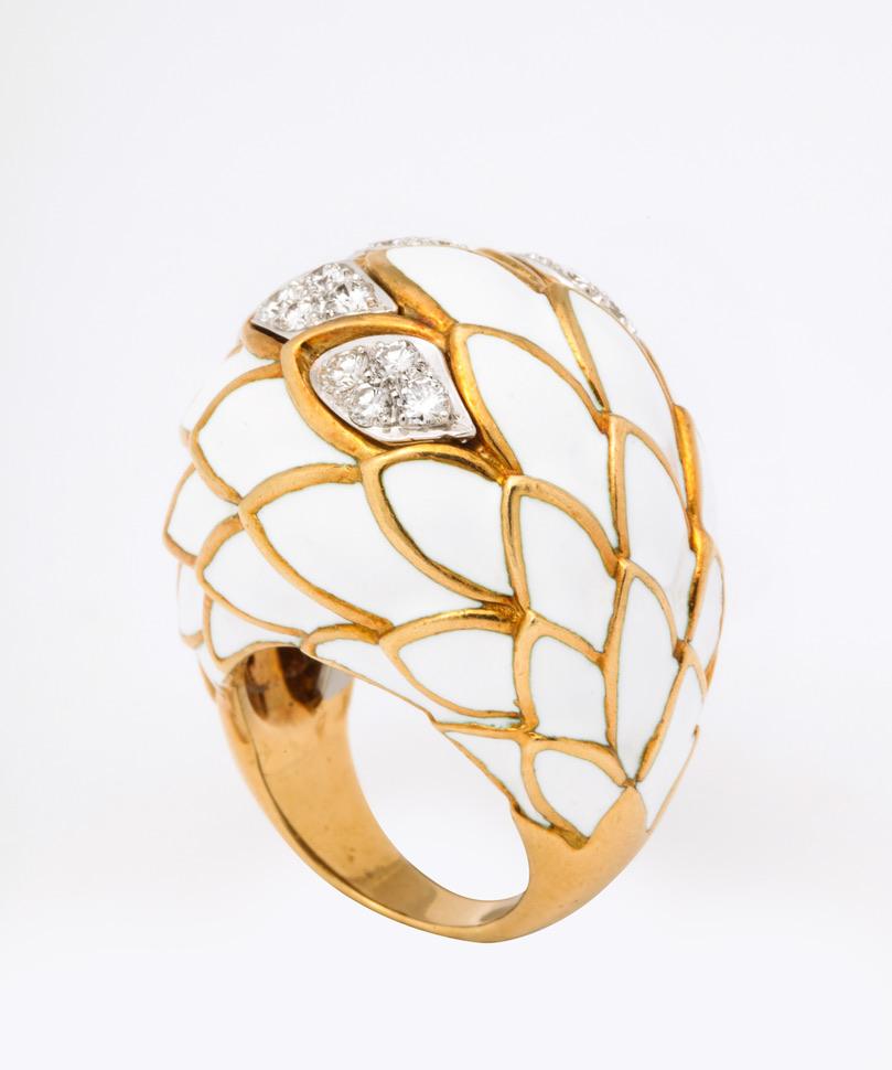 Modern David Webb White Enamel Diamond Ring For Sale