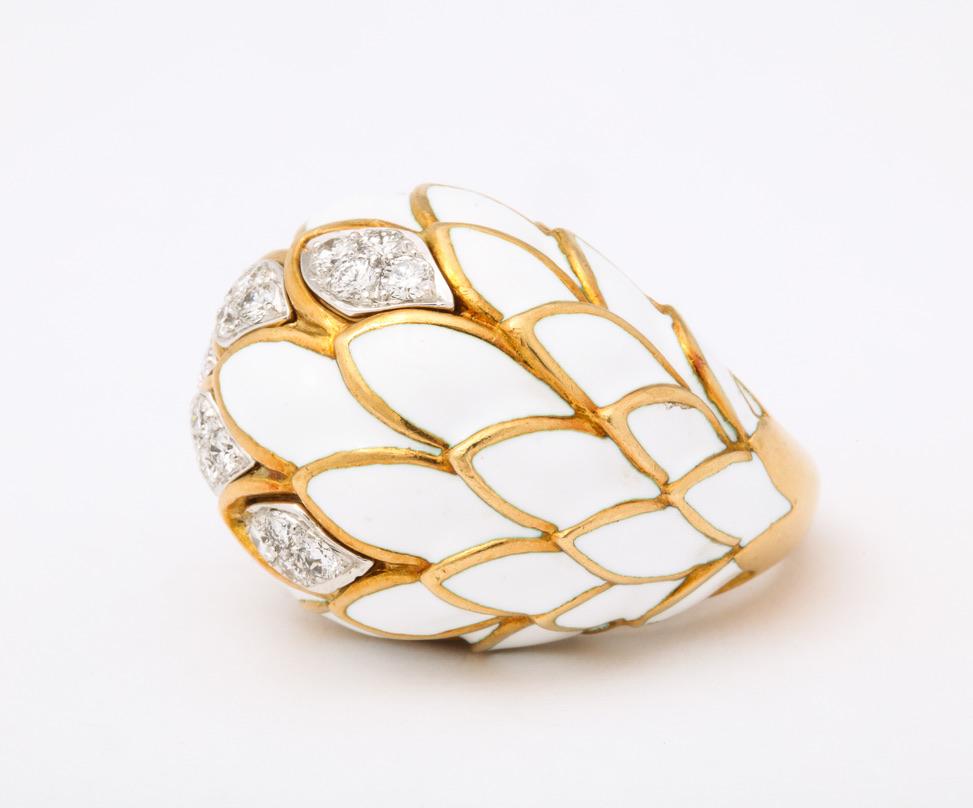 Women's or Men's David Webb White Enamel Diamond Ring For Sale