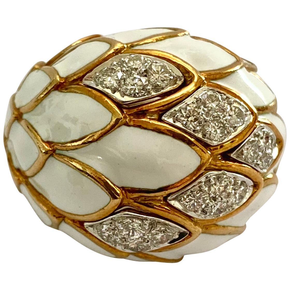 David Webb White Enamel Diamond Ring