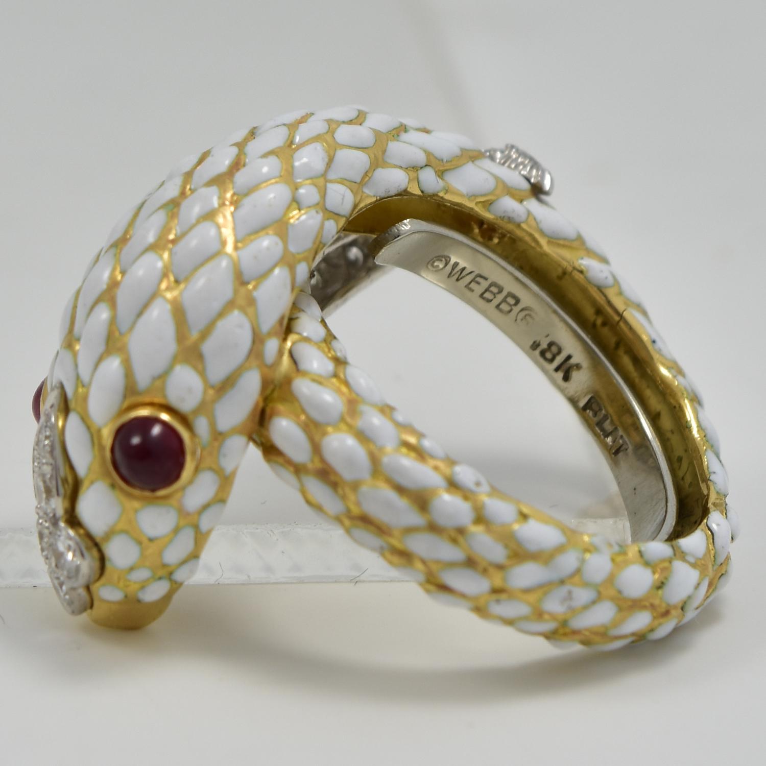 David Webb White Enamel Diamond Ruby 18 Karat Yellow Gold Platinum Snake Ring In Good Condition In Miami, FL