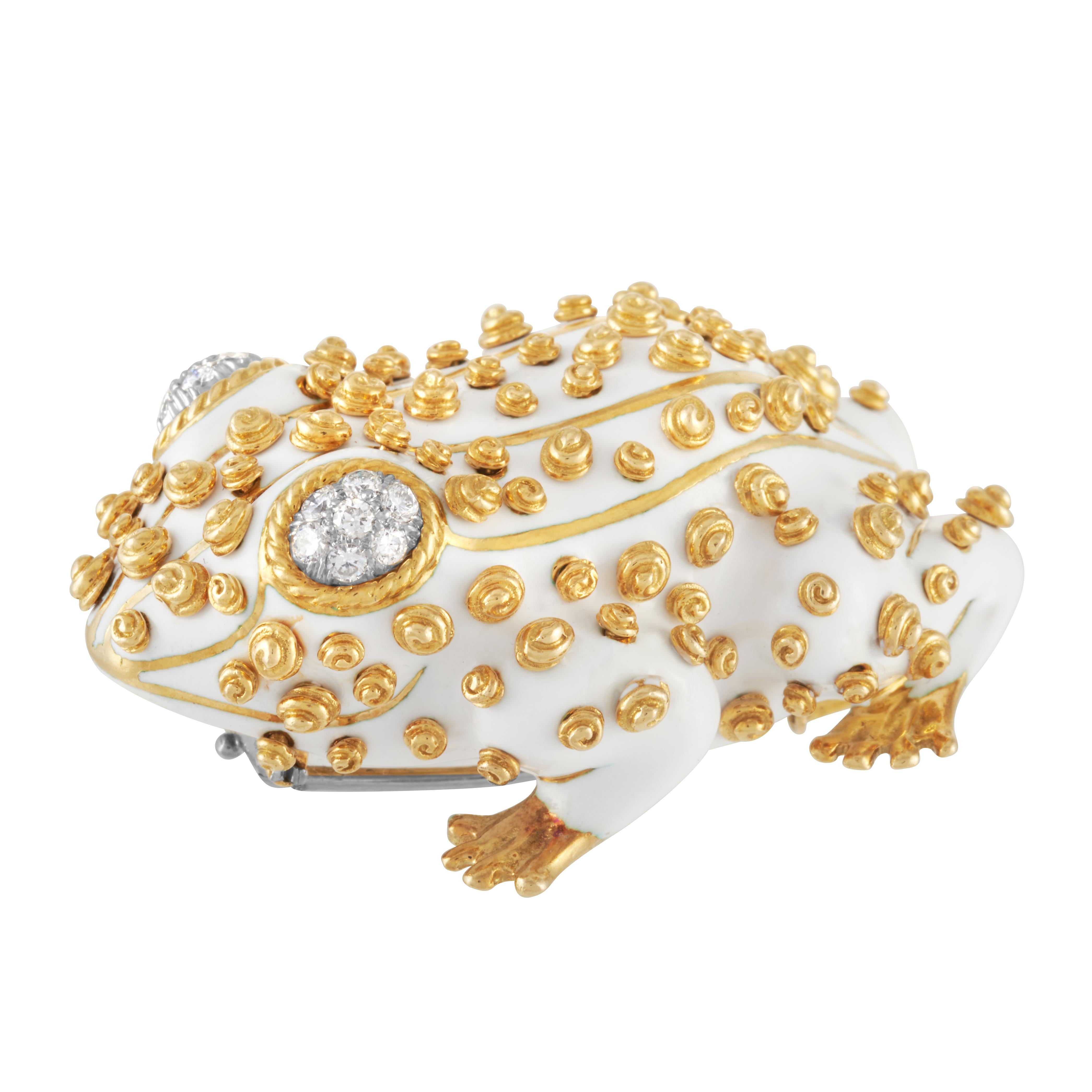 Round Cut David Webb White Enamel Frog Brooch Set with Diamond Eyes in 18K Yellow Gold For Sale