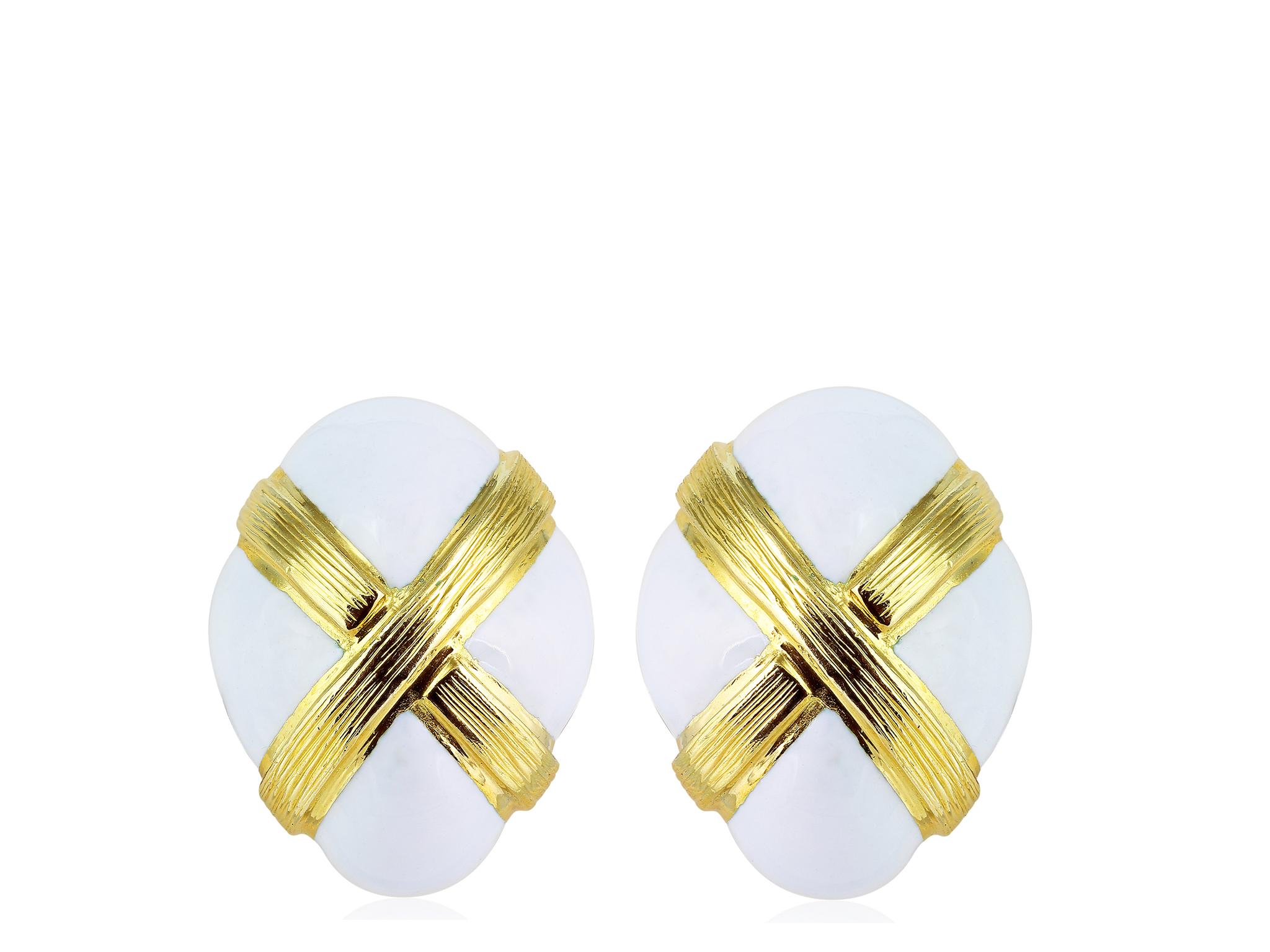 18 karat yellow gold white enamel clip earrings with yellow gold x across the center Signed David Webb