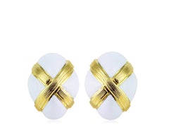 David Webb White Enamel Gold Clip Earrings