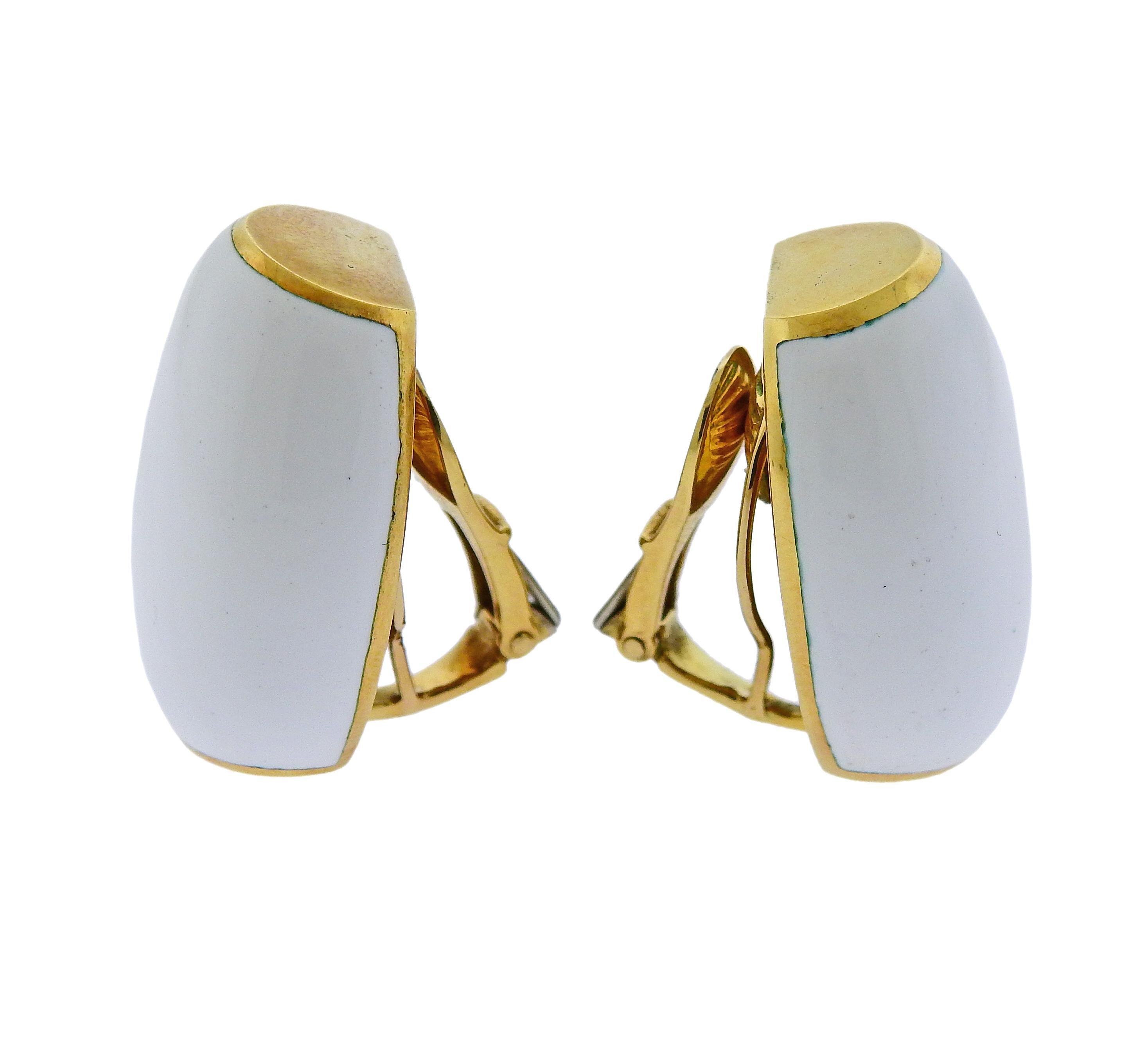 18k yellow gold button earrings featuring white enamel. Crafted by David Webb.Come with box. Earrings measure 26mm X 21mm and weigh 31.8 grams. Marked Webb 18k