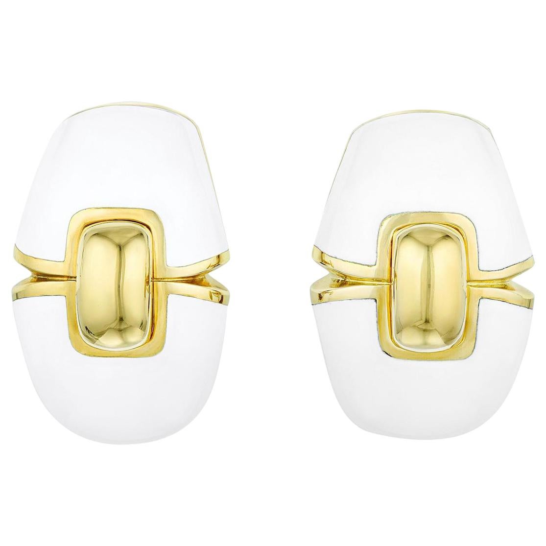 David Webb White Enamel Platinum and 18 Karat Yellow Gold Clip-On Earrings