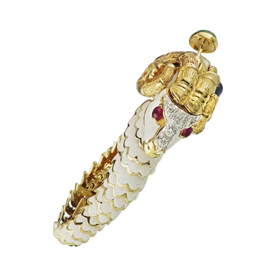 David Webb White Enamel Ram Animal Bangle with Rubies and Emeralds Bracelet For Sale