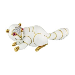 David Webb White Enamel Red Ruby Eyes Diamond Beaver Pin Brooch