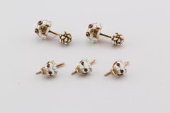 David Webb White Enamel Ruby 18k Yellow Gold Vintage Lion Cufflinks Stud Set