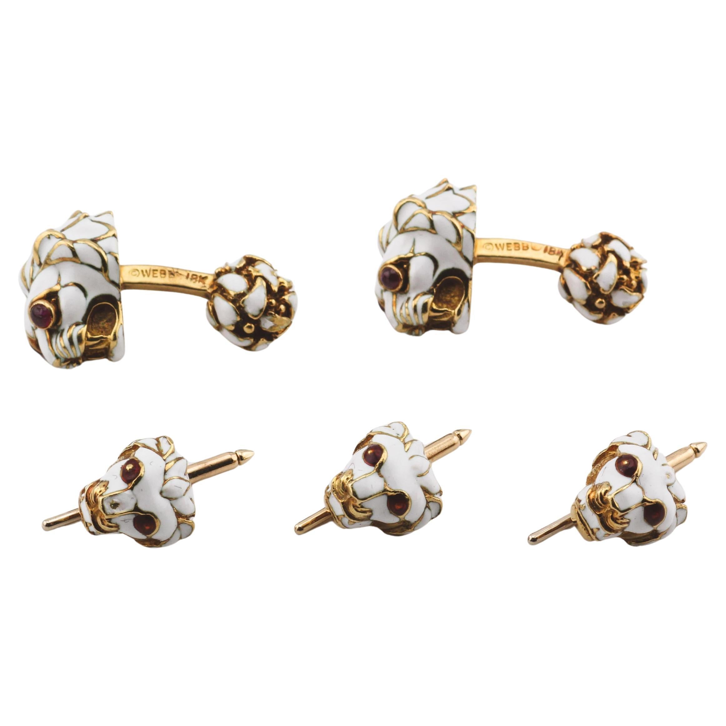 David Webb Set di gemelli da polso vintage a forma di leone con smalto bianco e rubino in oro giallo 18 carati
