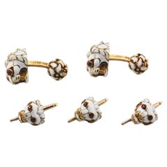 David Webb, clous de manchette lion vintage en or jaune 18 carats, émail blanc et rubis