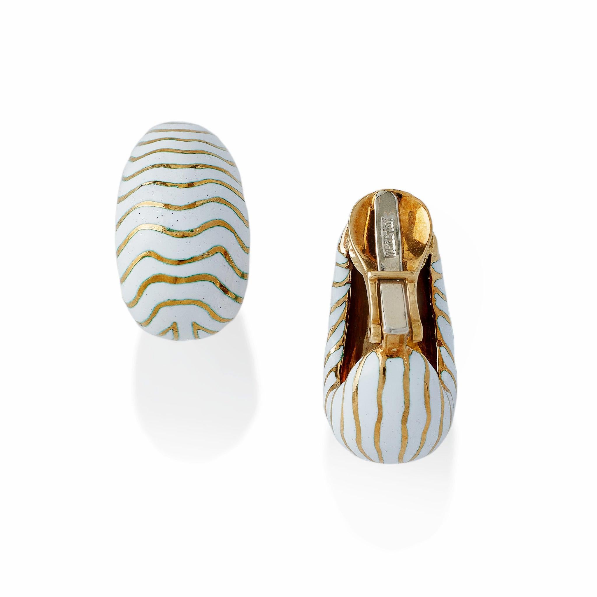 David Webb White Enamel Tiger Stripe Clip Earrings In Excellent Condition For Sale In New York, NY