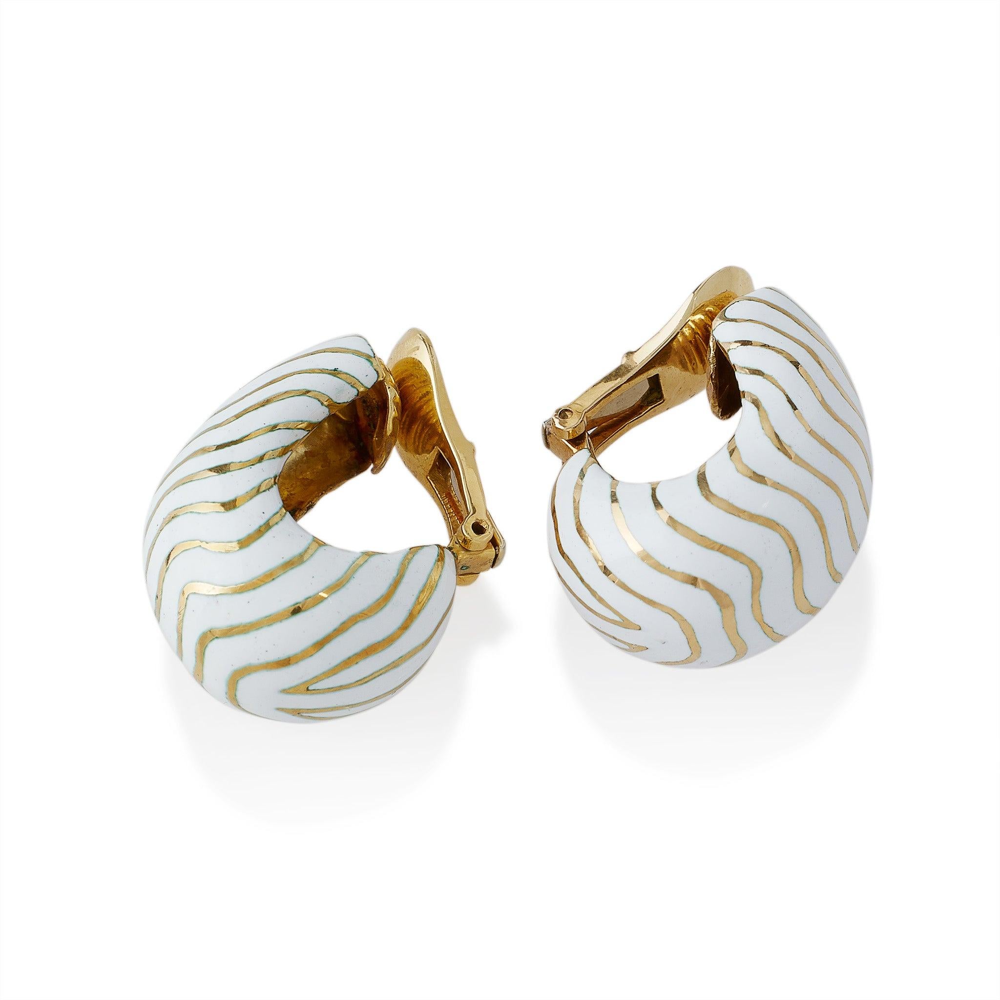 David Webb White Enamel Tiger Stripe Clip Earrings For Sale 1