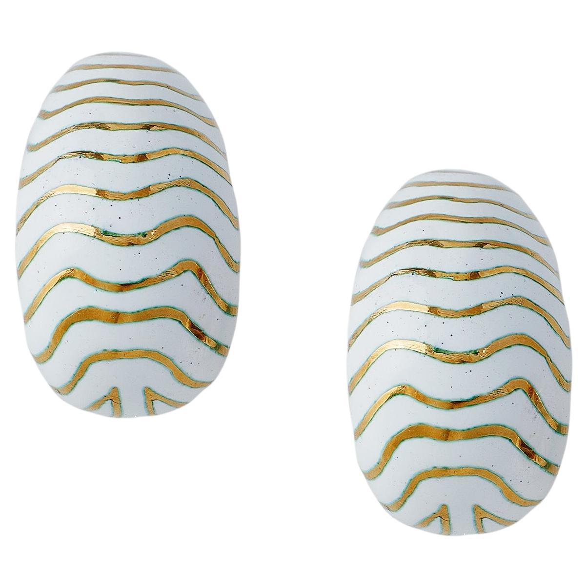 David Webb White Enamel Tiger Stripe Clip Earrings For Sale