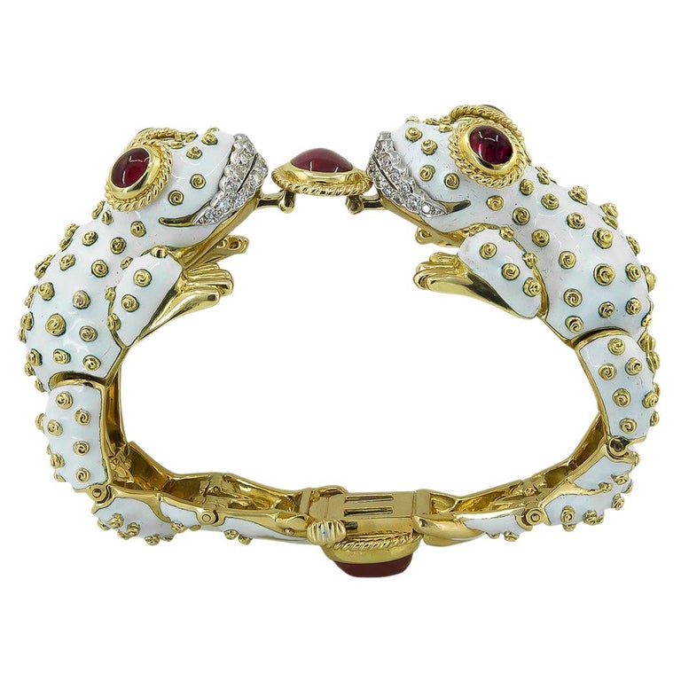David Webb White Enamel Two Head Frog Bangle For Sale