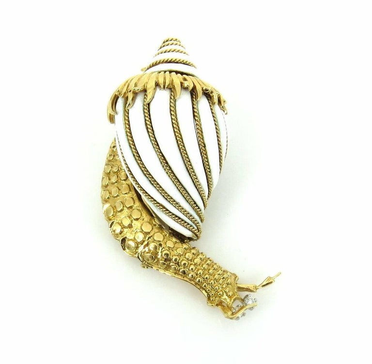 David Webb White Enamel Vintage Studded Snail 0.10 Carat Diamond Brooch ...