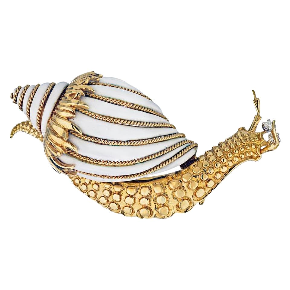 David Webb Weiß Emaille Vintage Nieten Schnecke 0,10 Karat Diamant Brosche Anstecknadel