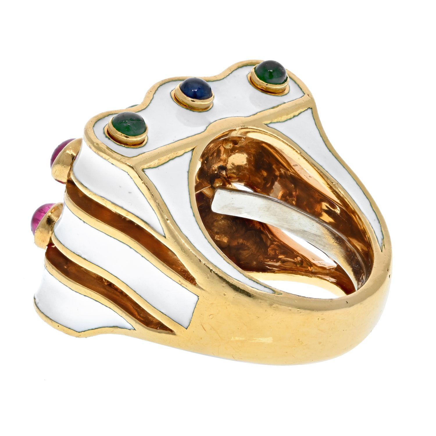 Round Cut David Webb White Enamel Wave with Rubies, Emeralds and Sapphires Ring For Sale