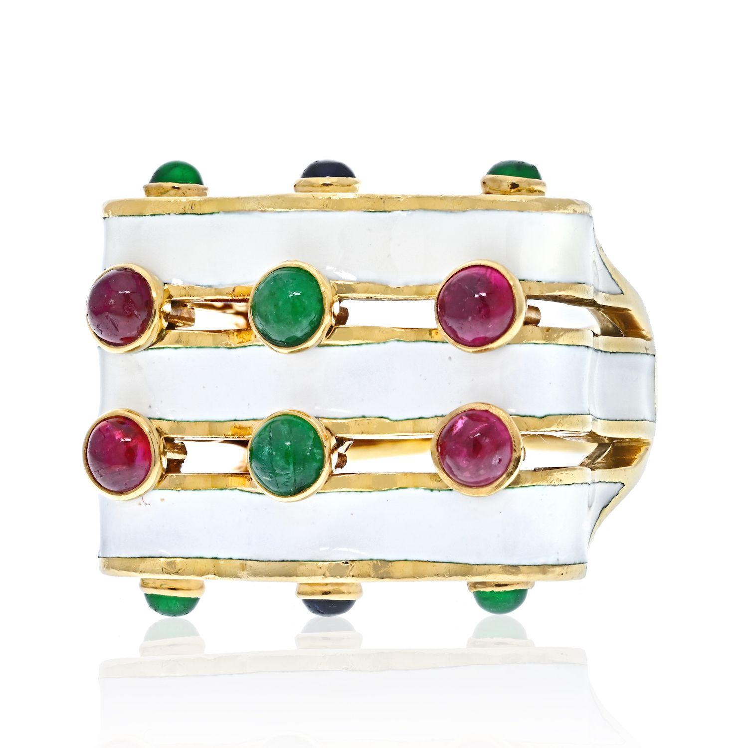 David Webb White Enamel Wave with Rubies, Emeralds and Sapphires Ring For Sale