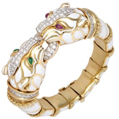 David Webb White Enamel Yellow Gold Double Tiger Bracelet