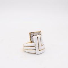 DAVID WEBB White Enameled Geometric Cocktail Ring With VVS Diamonds