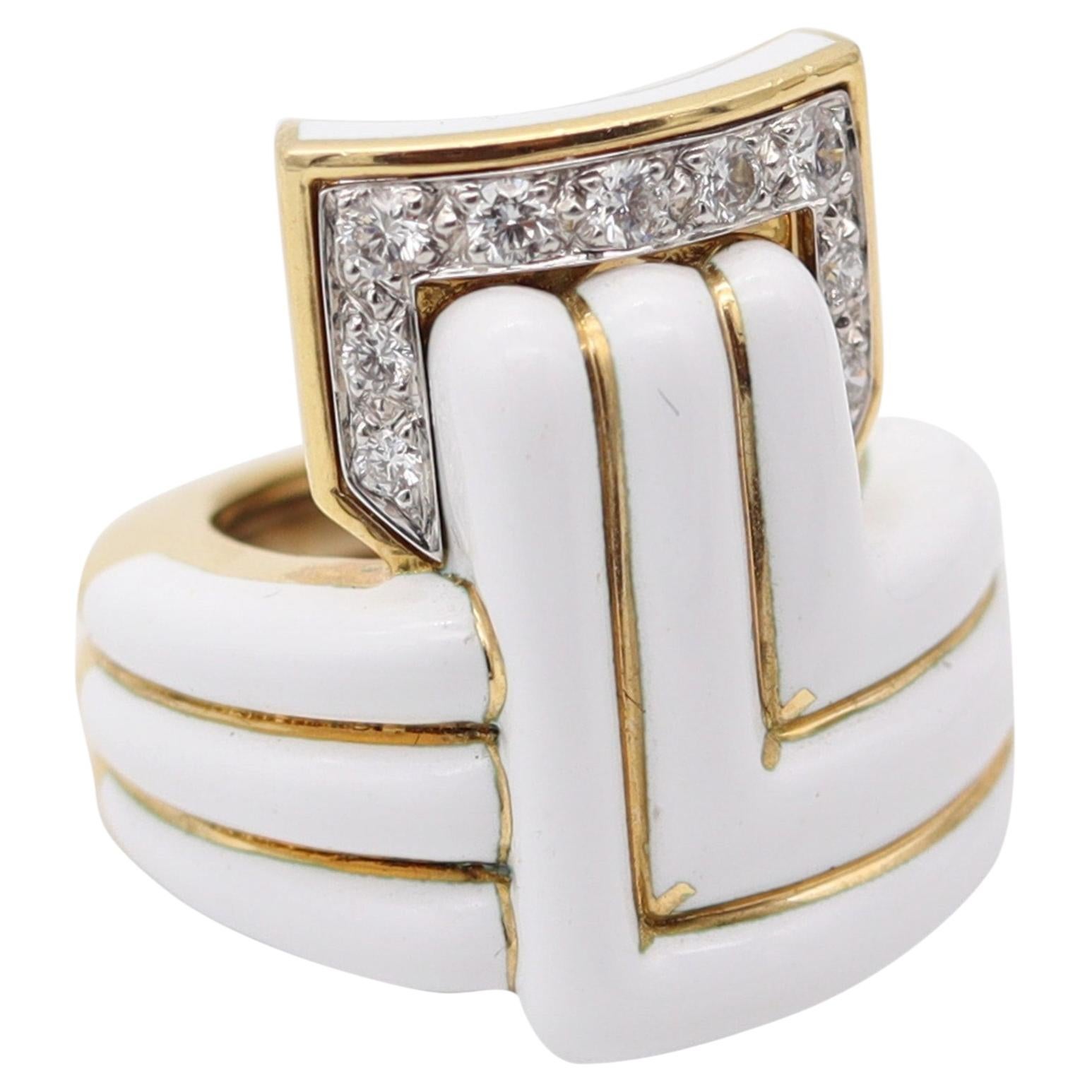 Pre-owned David Webb White Enameled Geometric Cocktail Ring With Vvs Diamonds