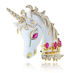 David Webb White Unicorn 18 Karat Yellow Gold Enamel, Diamonds, Rubies Brooch