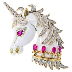 David Webb White Unicorn 18 Karat Yellow Gold Enamel, Diamonds, Rubies Brooch