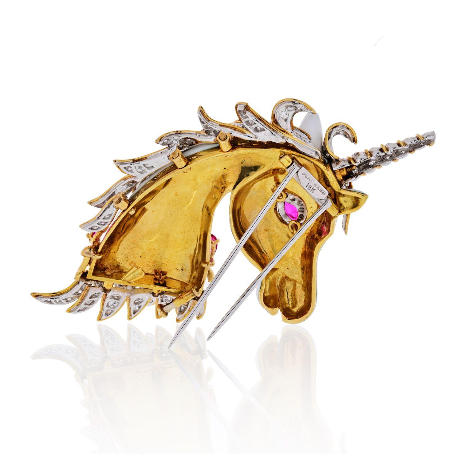 Modern David Webb White Unicorn 18 Karat Yellow Gold Enamel, Diamonds, Rubies Brooch For Sale