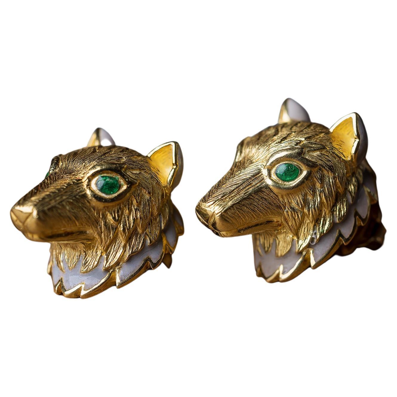 David Webb wolf yellow gold and enamel earrings For Sale