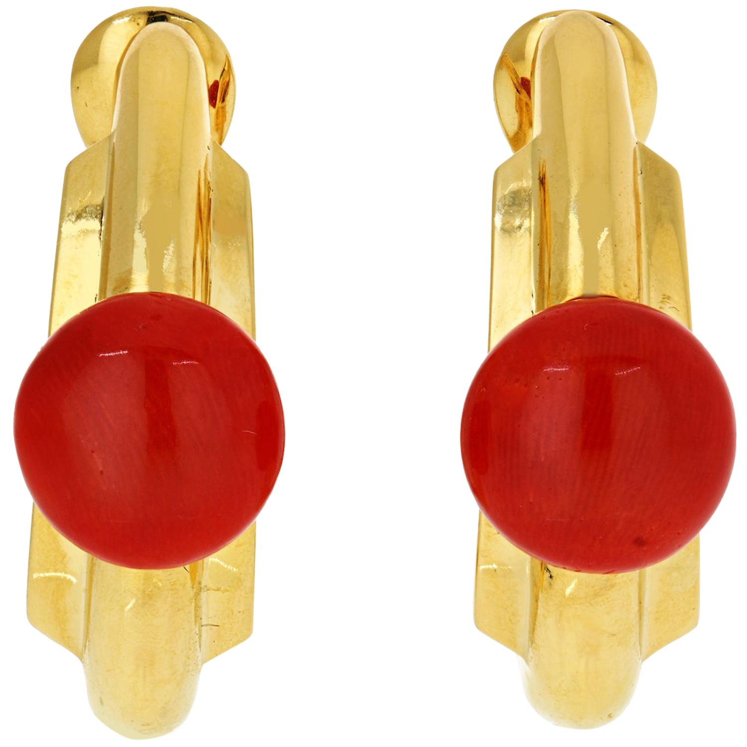 David Webb Yellow Gold 18 Karat Hoop Earrings with Coral Cabochons For Sale