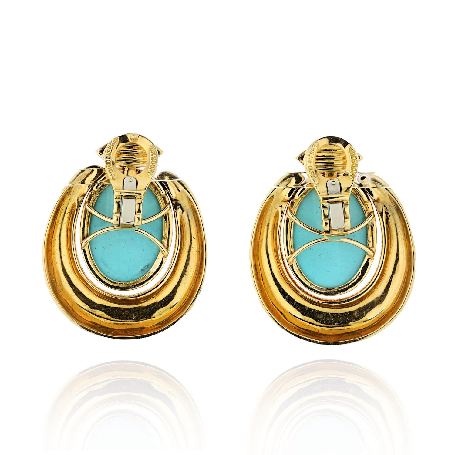 Contemporary David Webb Yellow Gold 18 Karat Oval Cabochon Turquoise Marquise Lapis Earrings