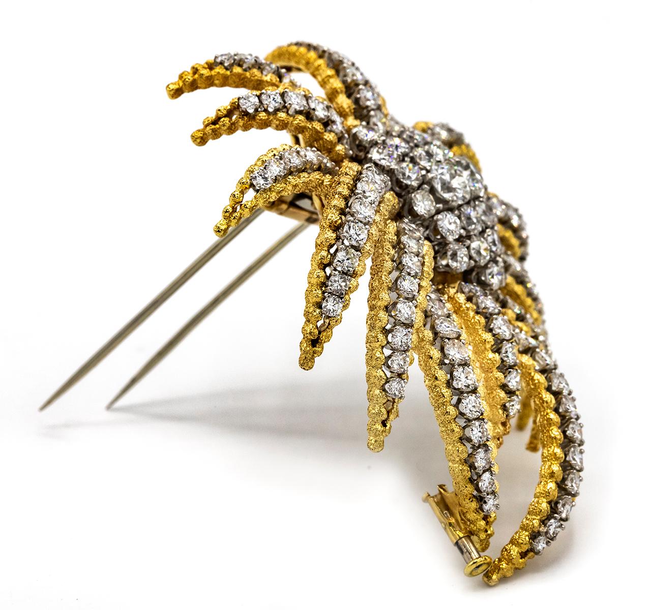 Rope design vintage 1970's David Webb spray brooch 18K yellow gold and diamonds. David Webb jewelry design work was realized with technical mastery and who was viewed as a high-society figure whose clientele included Jacqueline Kennedy, Doris Duke,