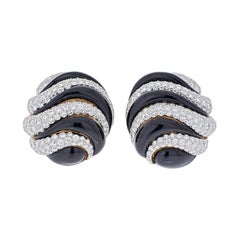 David Webb Yellow Gold and Platinum Black Enamel Diamond Stripe Earrings