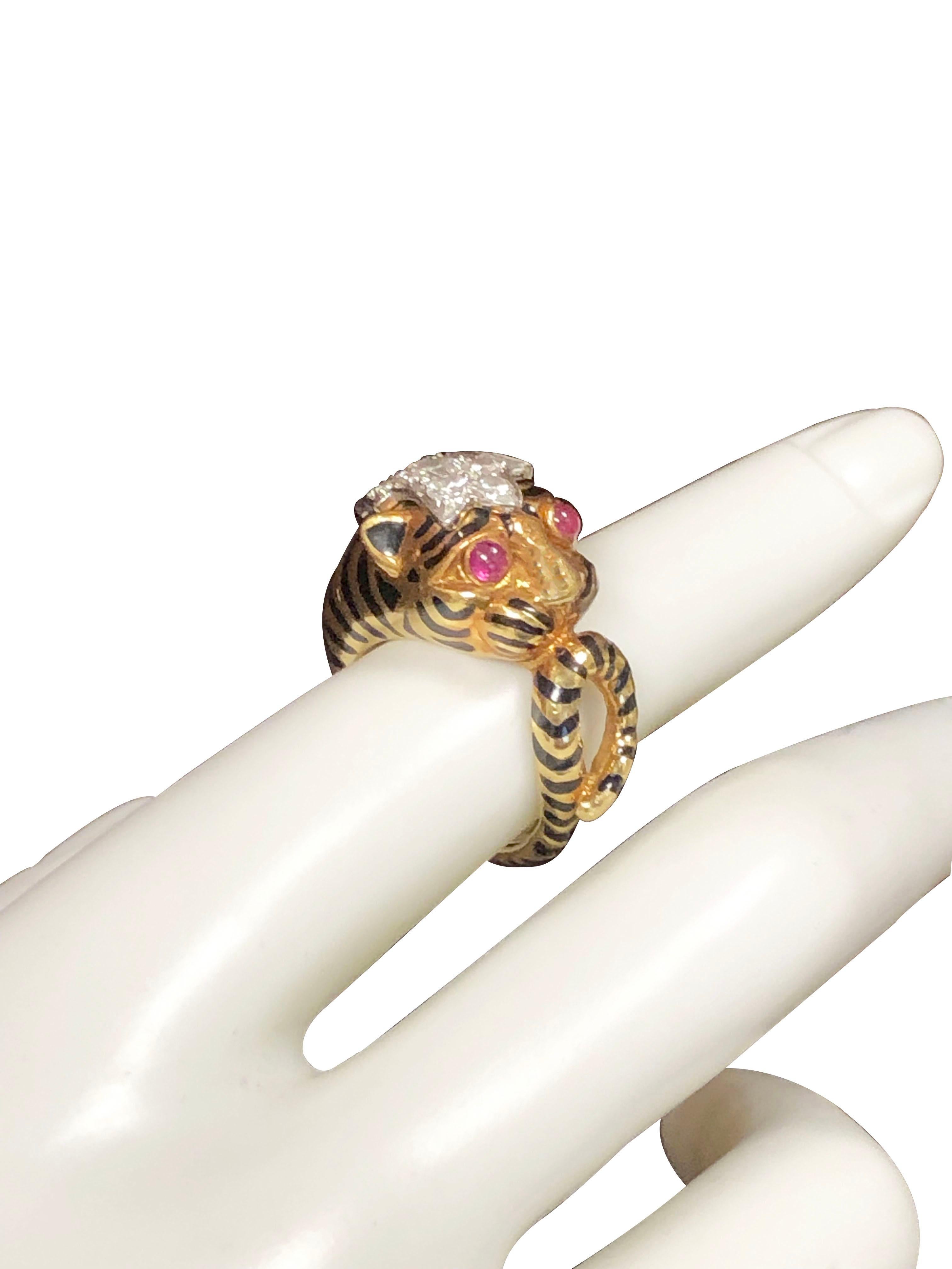 David Webb Yellow Gold and Platinum Gem Set Tiger Ring For Sale 3
