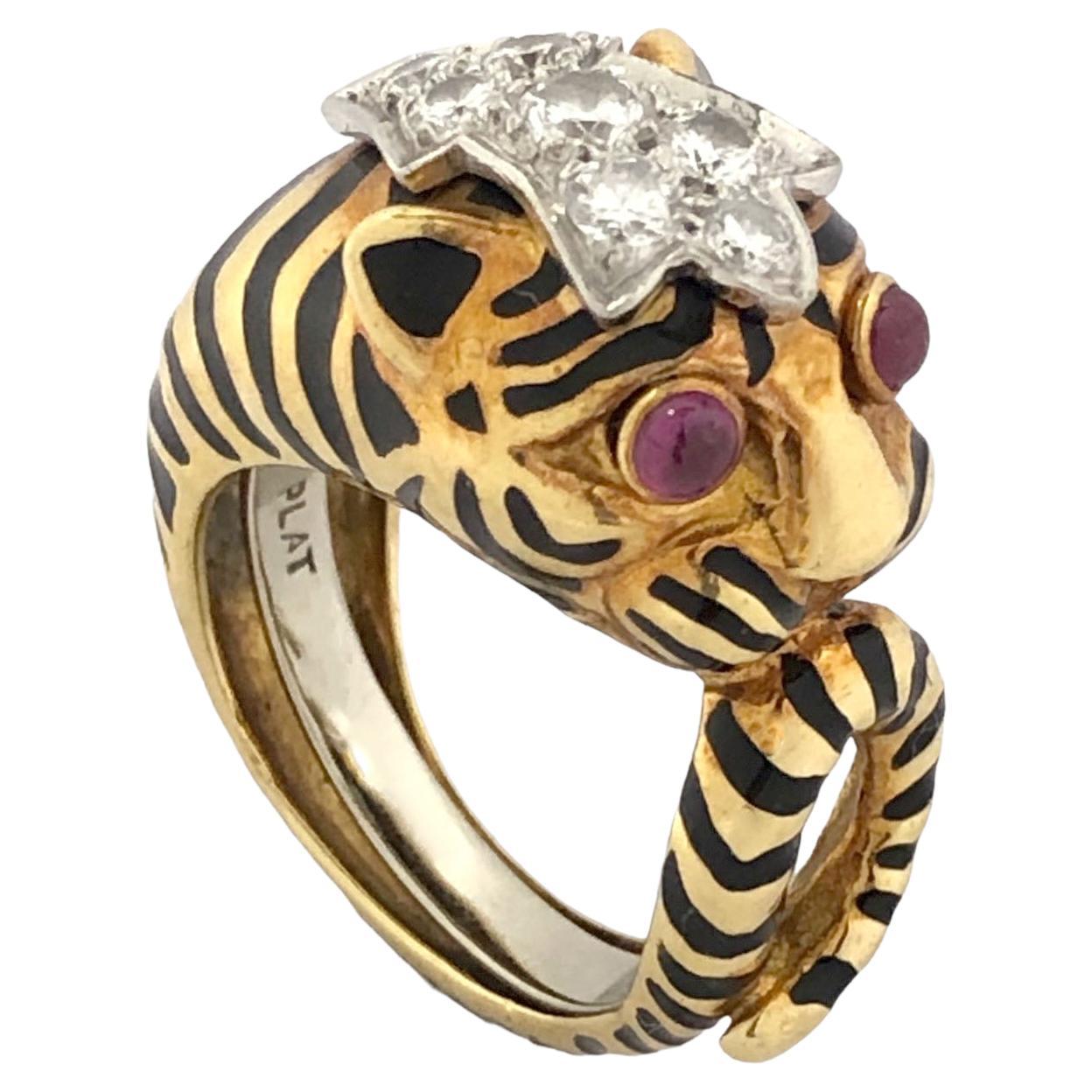 David Webb Yellow Gold and Platinum Gem Set Tiger Ring For Sale
