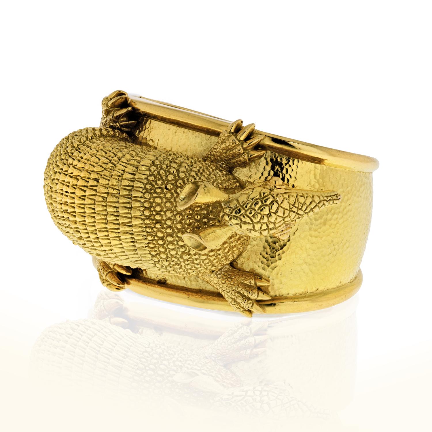 Only at The Back Vault you will find such quirky jewelry like this Armadillo. For those who grew up in the South these animals will remind of home. A playful twist to your outfit and certainly a conversation piece this gold Armadillo cuff by David