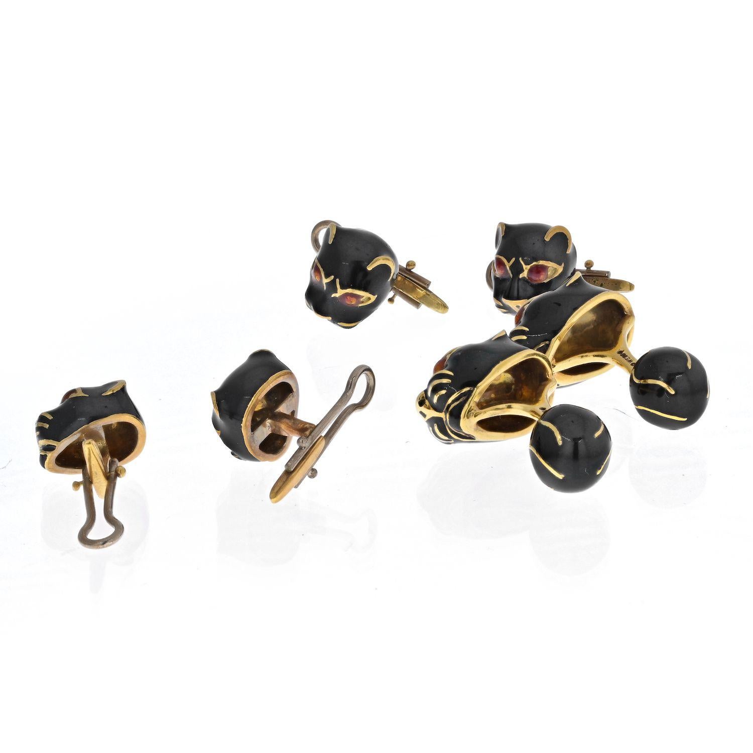 Panthers represent stealth, strength, and awareness. Their eyes are piercing as if they can look right through your soul. These cufflinks are crafted of black enamel over pure 18k yellow gold, and feature red ruby eyes. Rare find from America's most