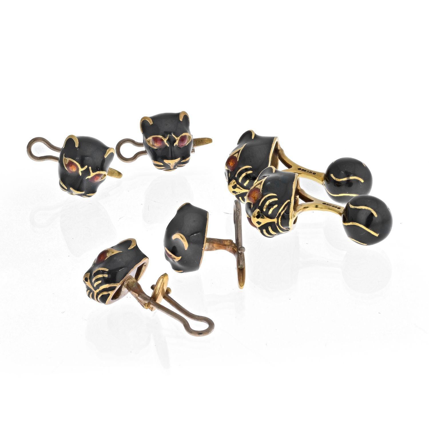 Modern David Webb Yellow Gold Black Panther Mens Suit Set Cuff Links For Sale