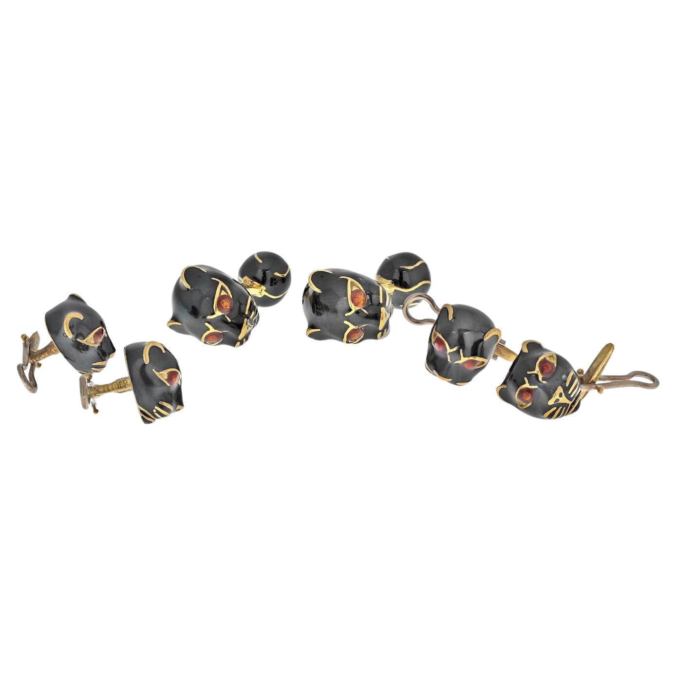 David Webb Ensemble de boutons de manchette pour hommes en or jaune et panthère noire en vente