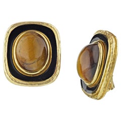 David Webb Yellow Gold Cat's Eye Black Enamel Clip-On Earrings