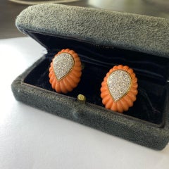 David Webb Yellow Gold Coral and Diamond Vintage Clip-On Earrings