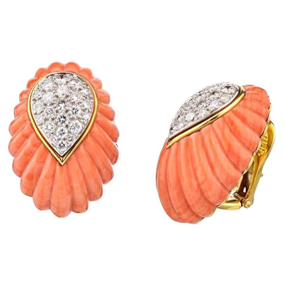 David Webb Yellow Gold Coral and Diamond Vintage Clip-On Earrings