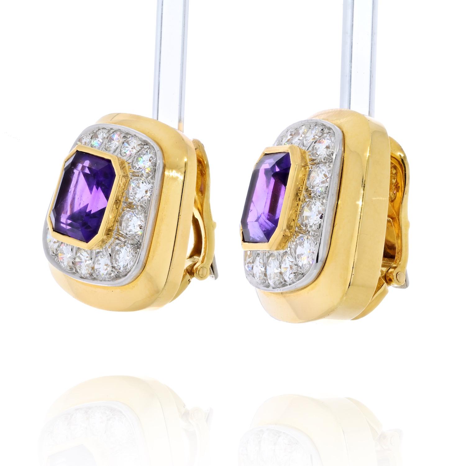 David Webb 18K Yellow Gold cushion shaped ear clip earrings mounted in gold with round cut diamonds, and cushion shaped purple amethysts. 
The earrings measure approx 1 inch wide. 
Clip on backings.