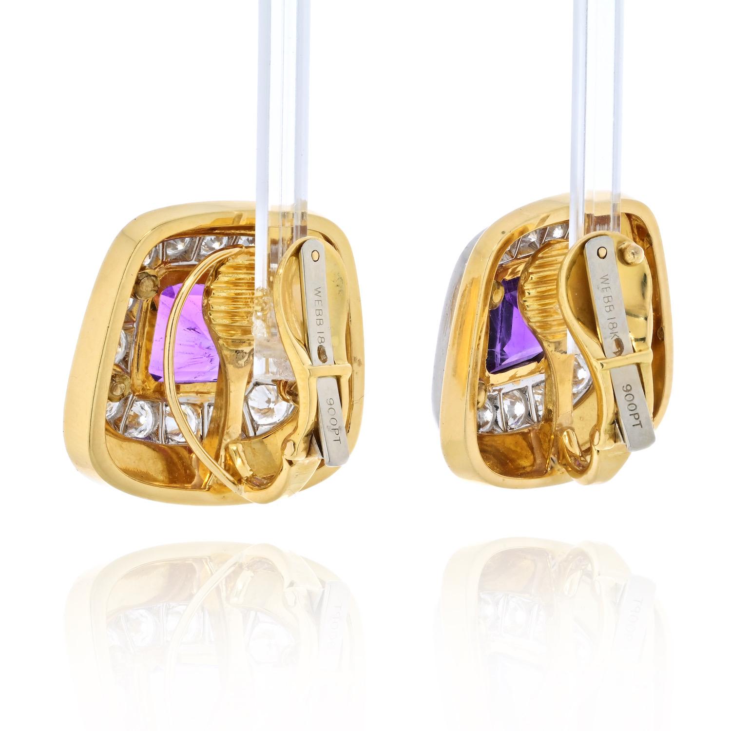 Round Cut David Webb Yellow Gold Cushion Cut Amethyst and Diamond Clip on Earrings For Sale