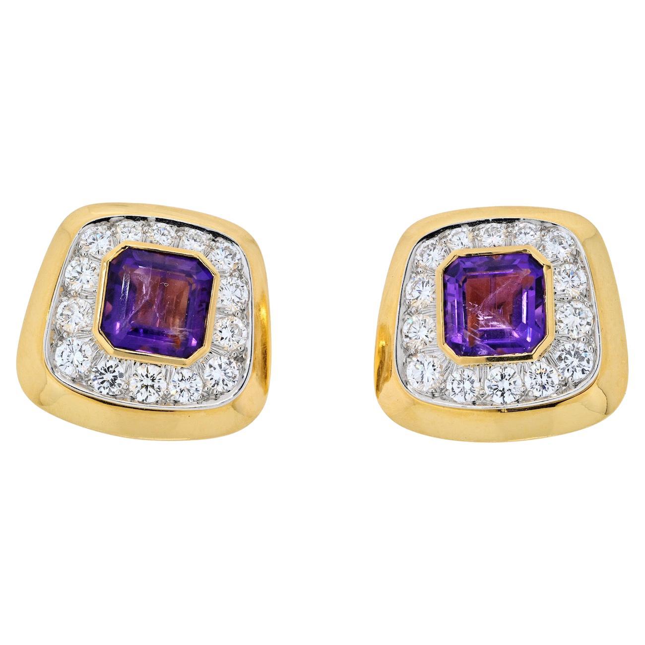 David Webb Yellow Gold Cushion Cut Amethyst and Diamond Clip on Earrings