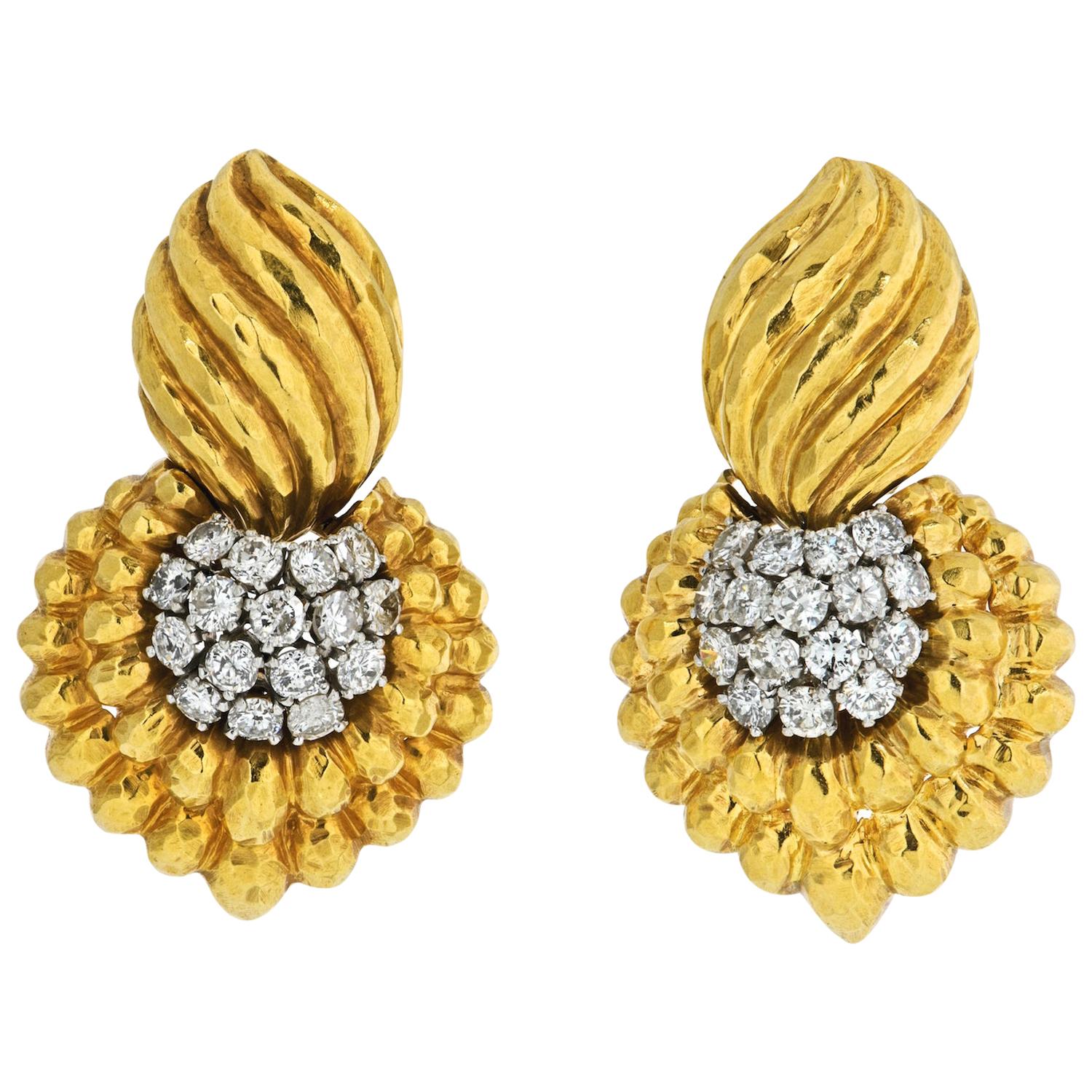 David Webb Yellow Gold Diamond Door-Knocker Earrings 7.00 Carat For Sale