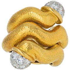 David Webb Yellow Gold Diamond Tipped Twisted Nail Ring