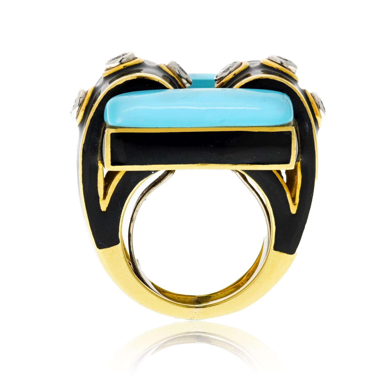 David Webb Yellow Gold Domino Turquoise Black Enamel Diamond Ring 2